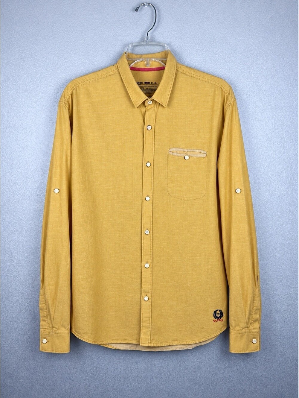 Mechanic 2 Mens XL Button Up Shirt Mustard Cotton Slim Fit Roll Tab Embroidered
